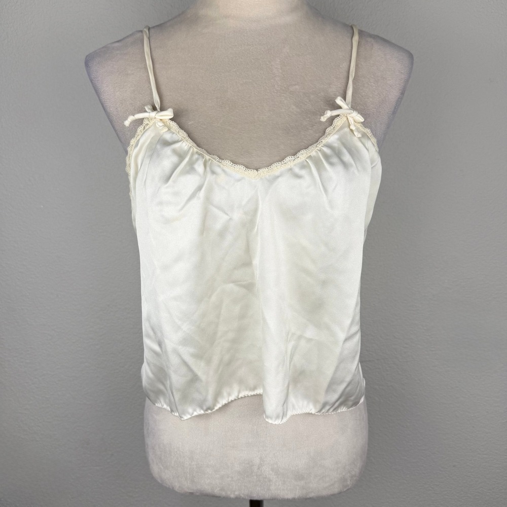 Vintage 80's Cream Satin Lace Trim Bow Cami Top Sleeveless Spaghetti Strap Cami